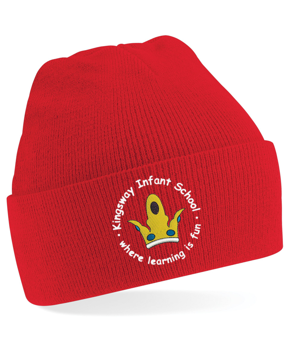 Kingsway Infant School Logo KIS Red Beanie Knitted Hat Unisex Uniform Accessories