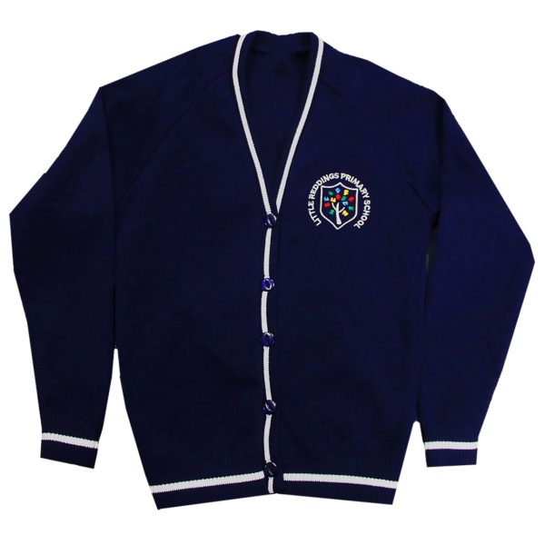 Little reddings primary school v-neck navy knitted cardigan with white trim with logo