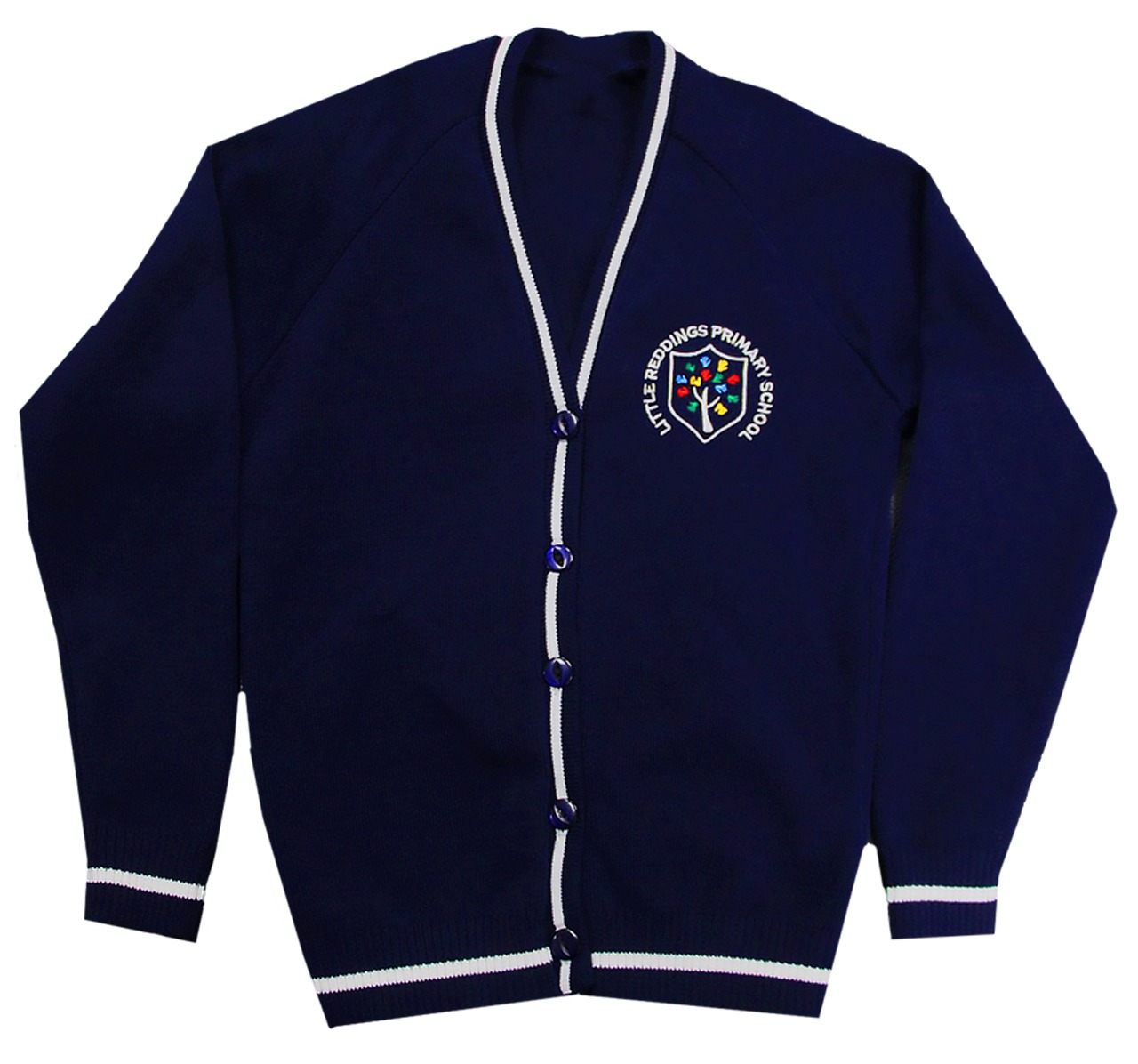 Little reddings primary school v-neck navy knitted cardigan with white trim with logo