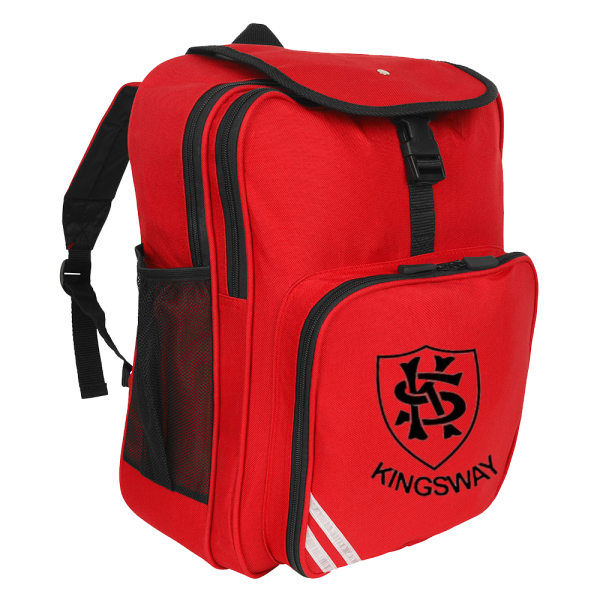 Kingsway Junior School Red Junior Bagpack Side with Logo